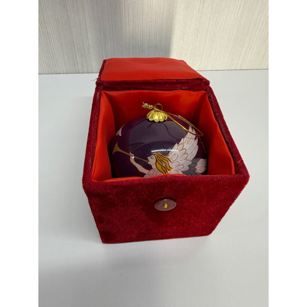 Li Bien Angel with Trumpet Hand Painted Glass Christmas Ornament with Velvet Box